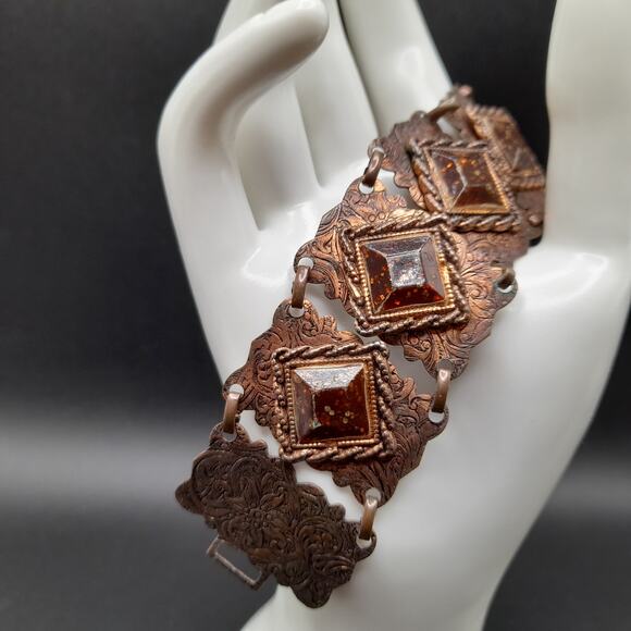 Vintage Copper Glass Etched Bracelet, Speckled Glass, 7" - Picture 1 of 9